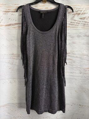BCBGMaxAzria Black Metallic Fringe Sleeved Mini Dress